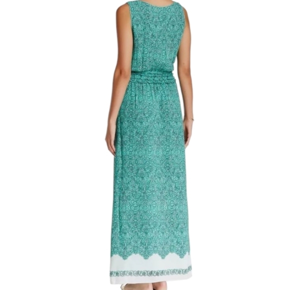 MAX STUDIO Teal/Cream Floral Border Print V NECK MAXI Dress  Sz M - Picture 2 of 10